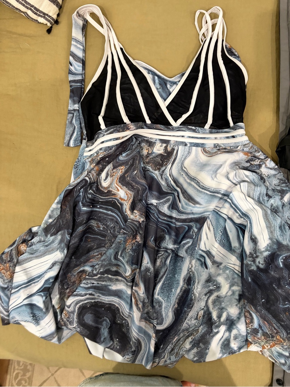 Hanna Nikole Marble-Print Strappy Swim Dress with Contrast Bodice